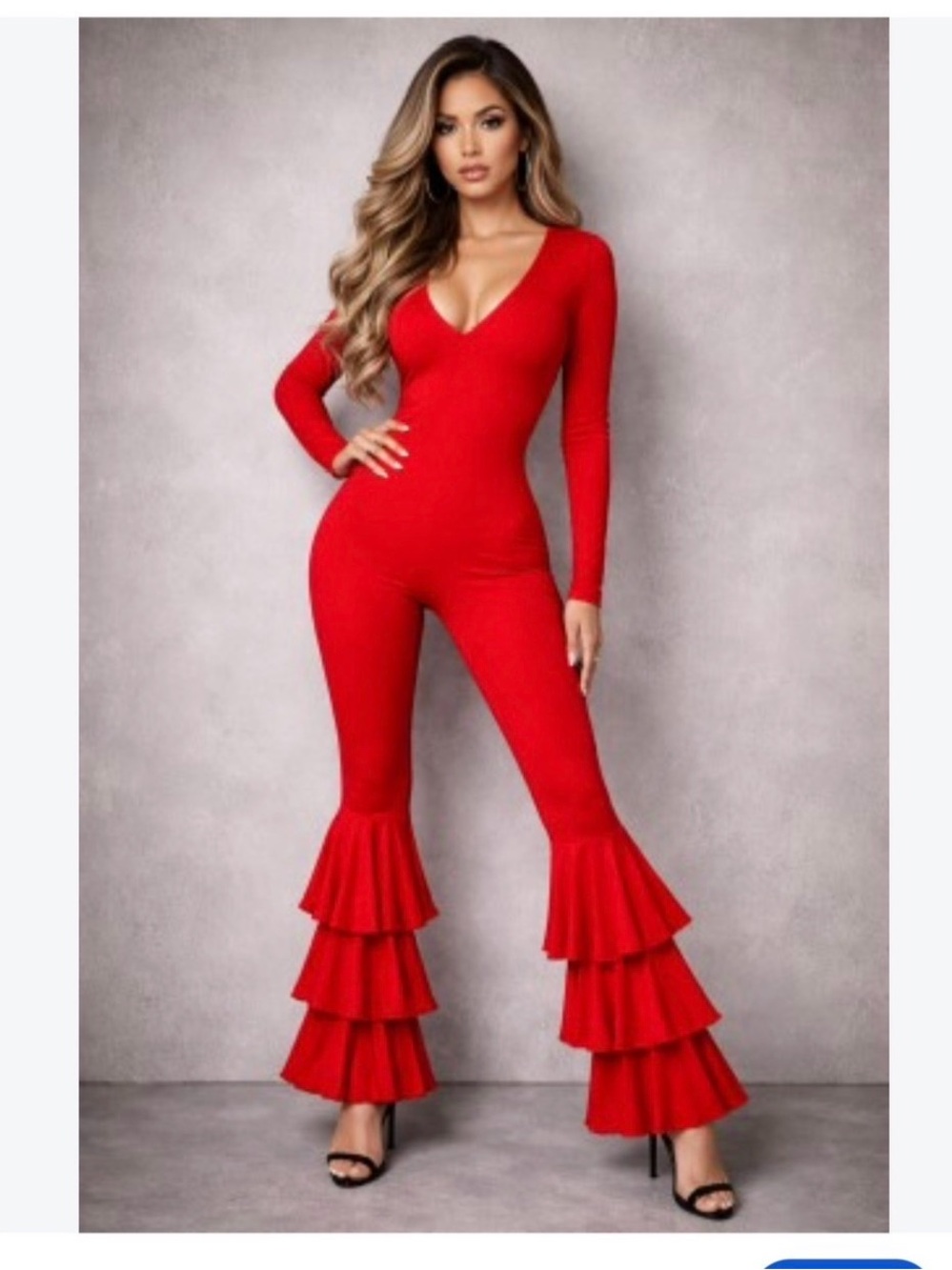 Fashion Nova Womens Red V-Neck Long Sleeve Ruffle Flare Leg Jumpsuit L Large